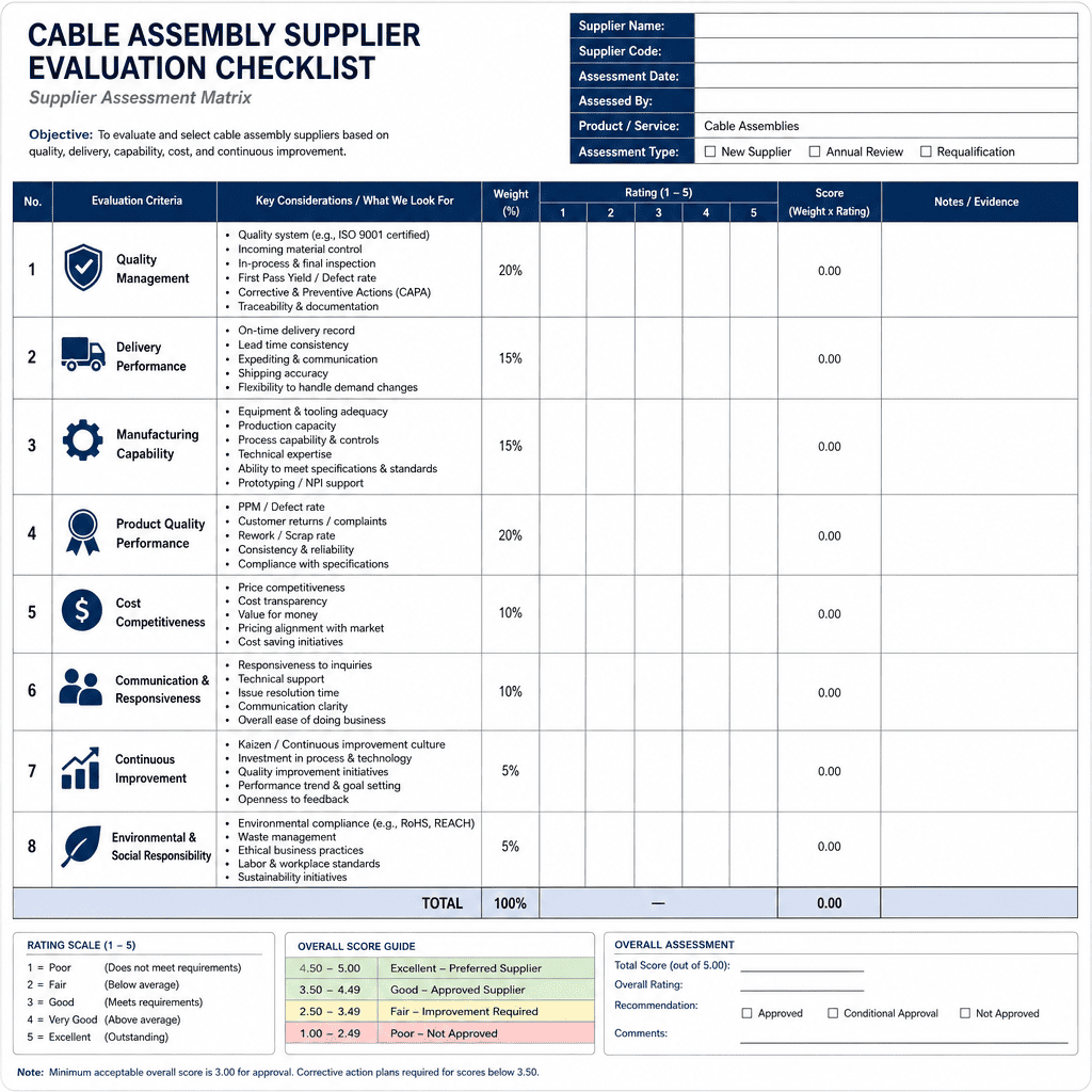 Cable assembly supplier assessment matrix Supplier evaluation checklist