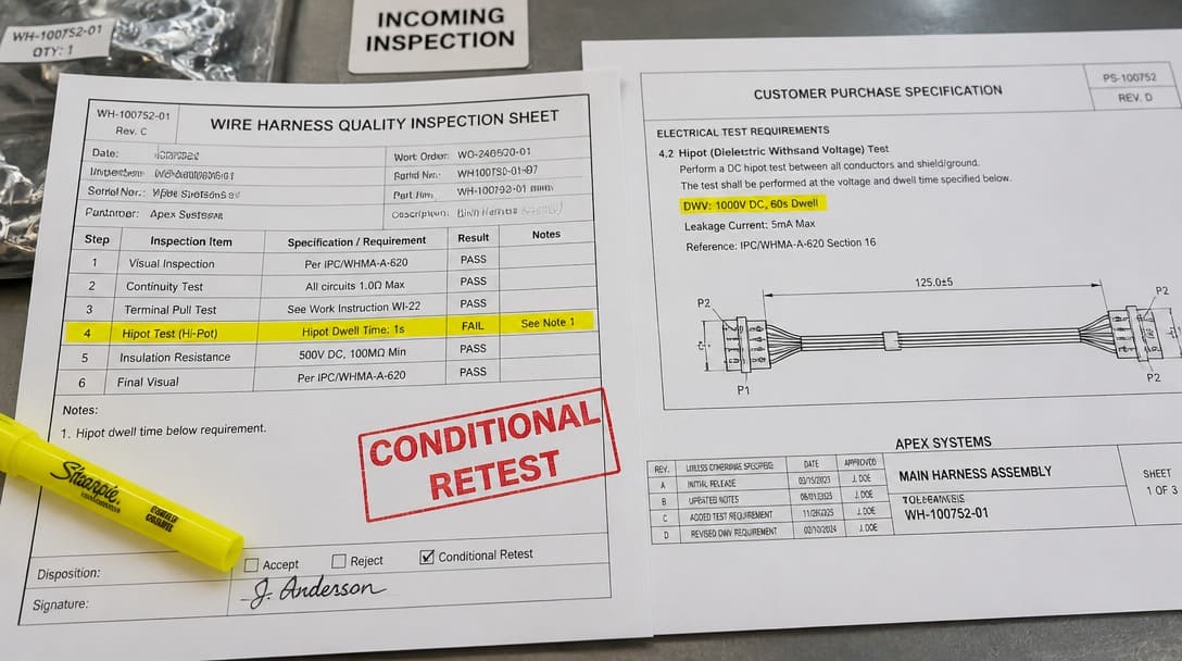 Supplier hipot test report comparing purchase-spec 60 second dwell with reported 1 second dwell