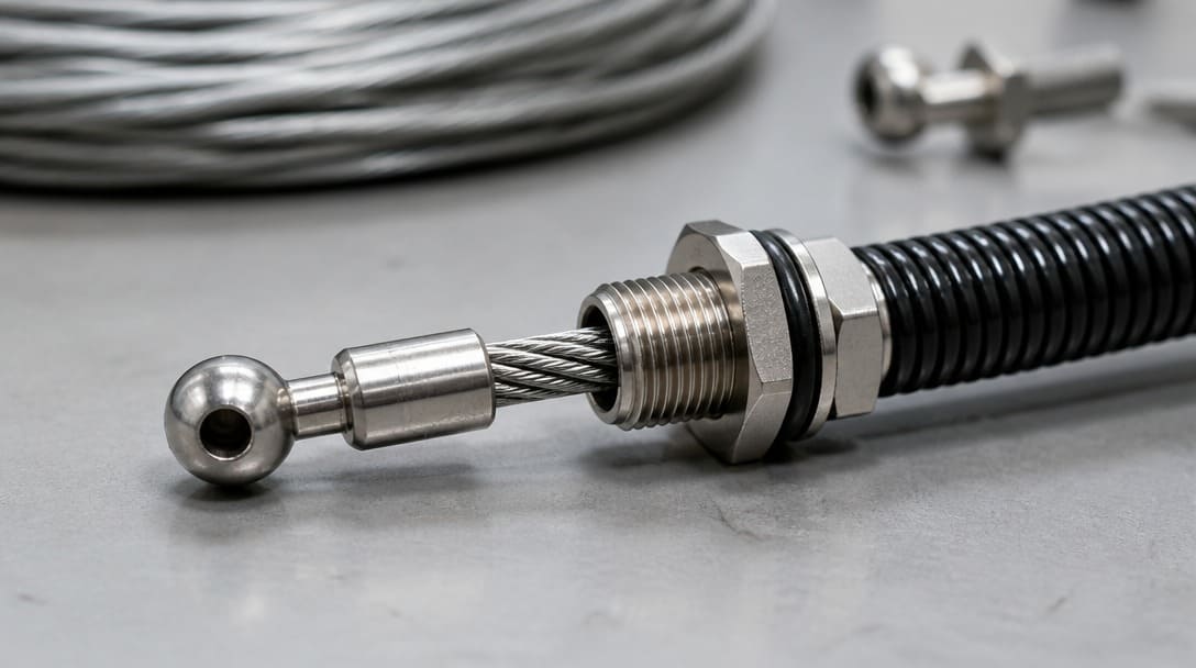 Swaged end fittings, conduit, and bulkhead pass-through hardware on a mechanical cable assembly