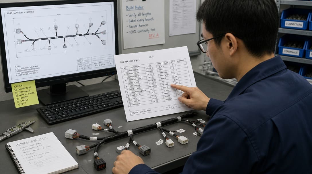 Technician cross-checking wire harness BOM details against a sample drawing before production
