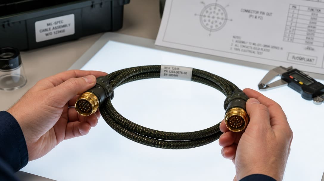 Technician's hands examining a braided MIL-SPEC cable assembly with gold-plated circular connectors on a lightbox table