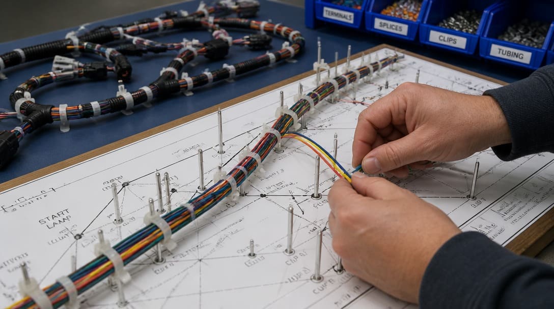 Technician hands routing multi-colored wires onto a formboard with completed harness in background