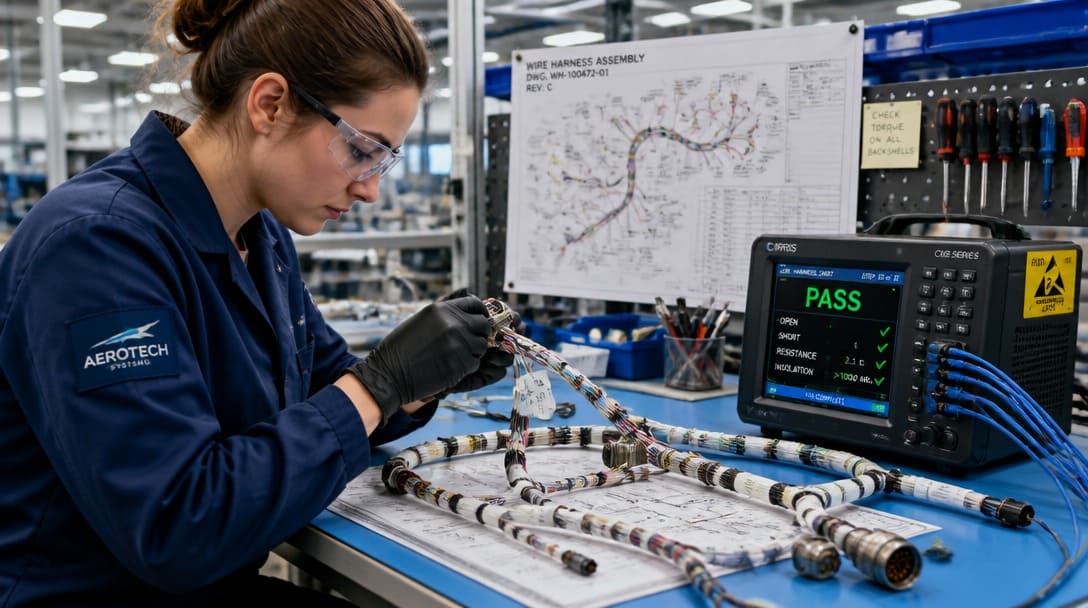 Technician inspecting aerospace wire harness assembly on production bench with testing equipment
