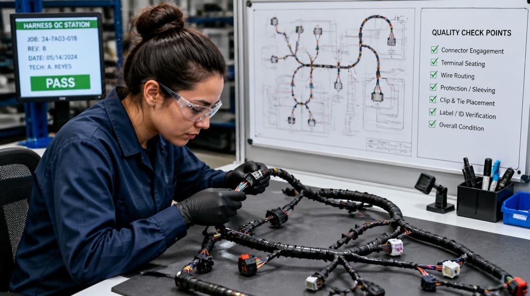 Technician inspecting an automotive wire harness assembly on a quality control bench