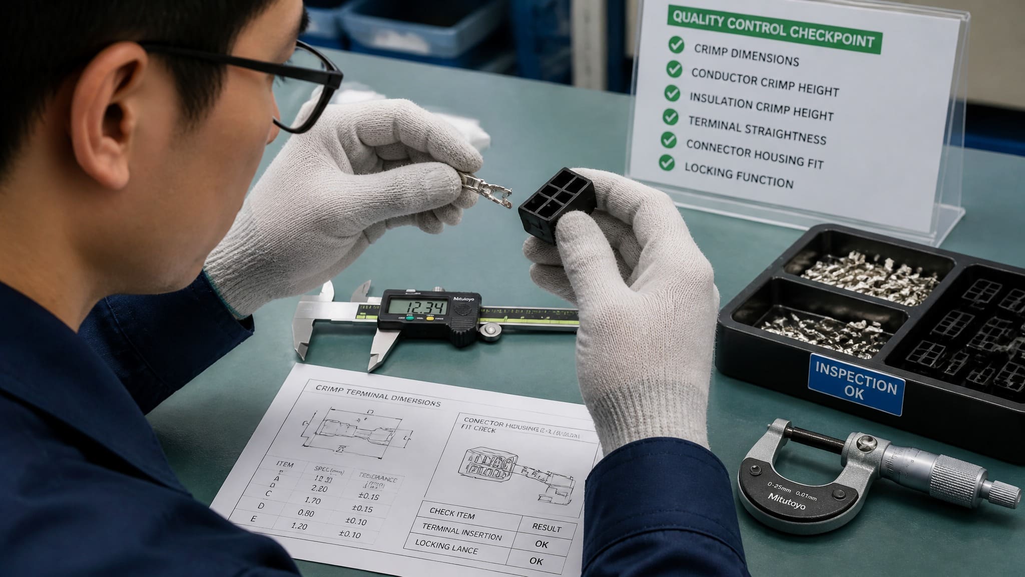 Technician inspecting crimp terminal dimensions and connector housing fit during quality control