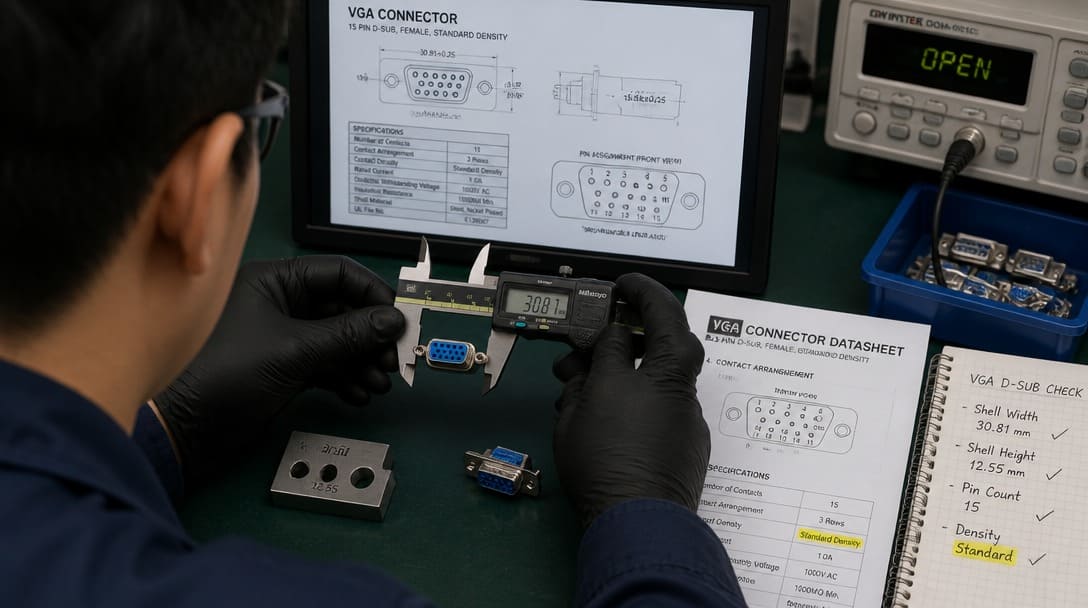 Technician measuring VGA connector shell dimensions and verifying pin density against datasheet.