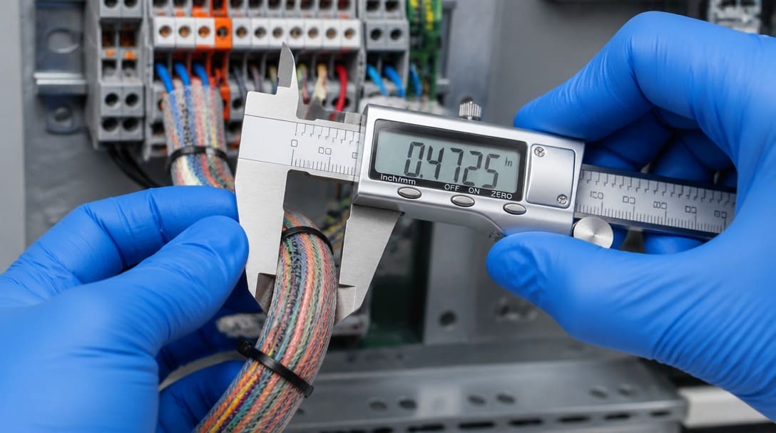 Technician measuring installed bundle outer diameter along a cable assembly bend path near a connector