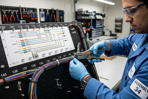 Technician organizing and looming a custom wire harness on an assembly board