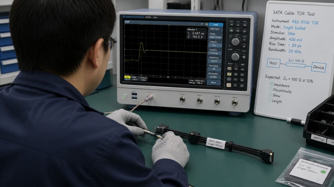 Technician performing TDR measurement on SATA cable assembly in lab