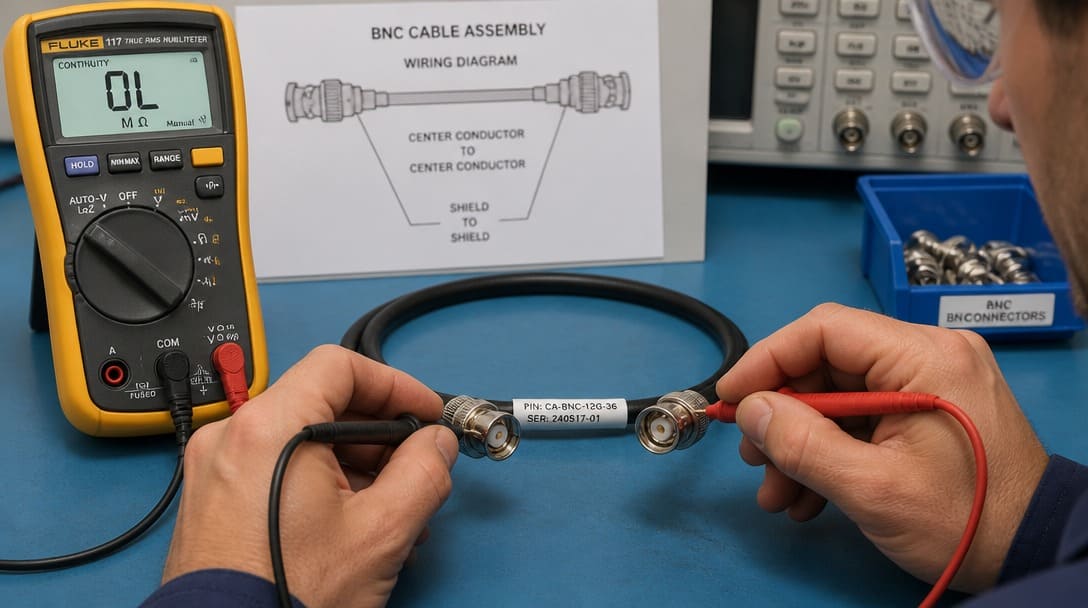 Technician performing continuity test on BNC cable assembly with mating connector