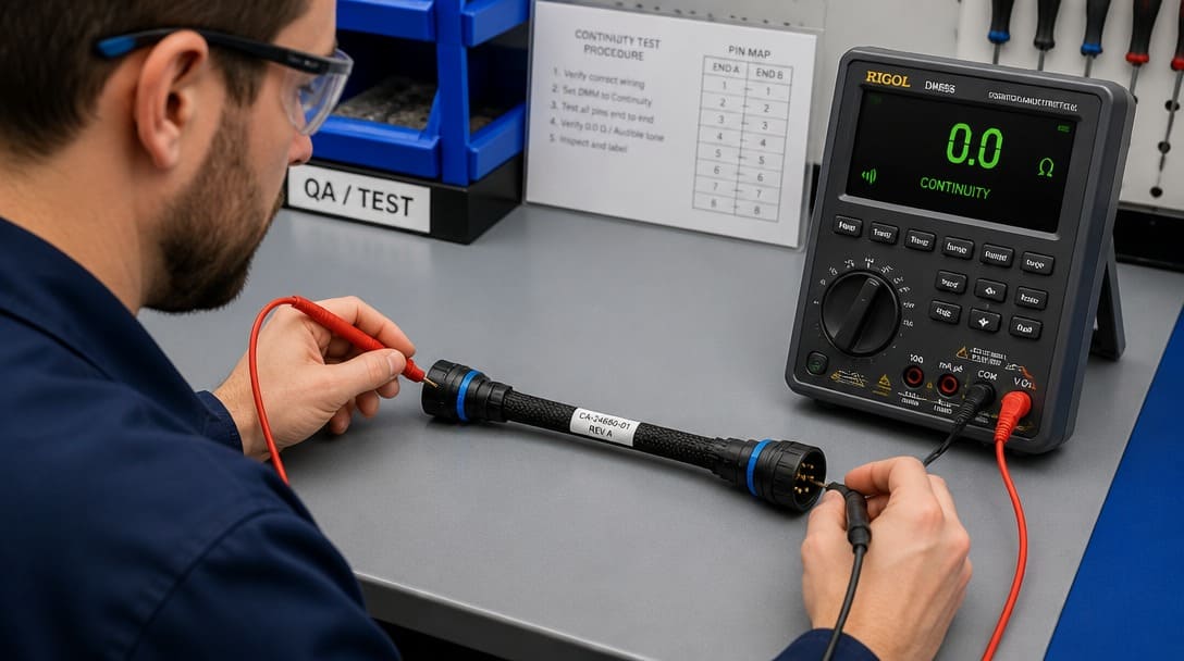 Technician performing continuity test on a finished cable assembly