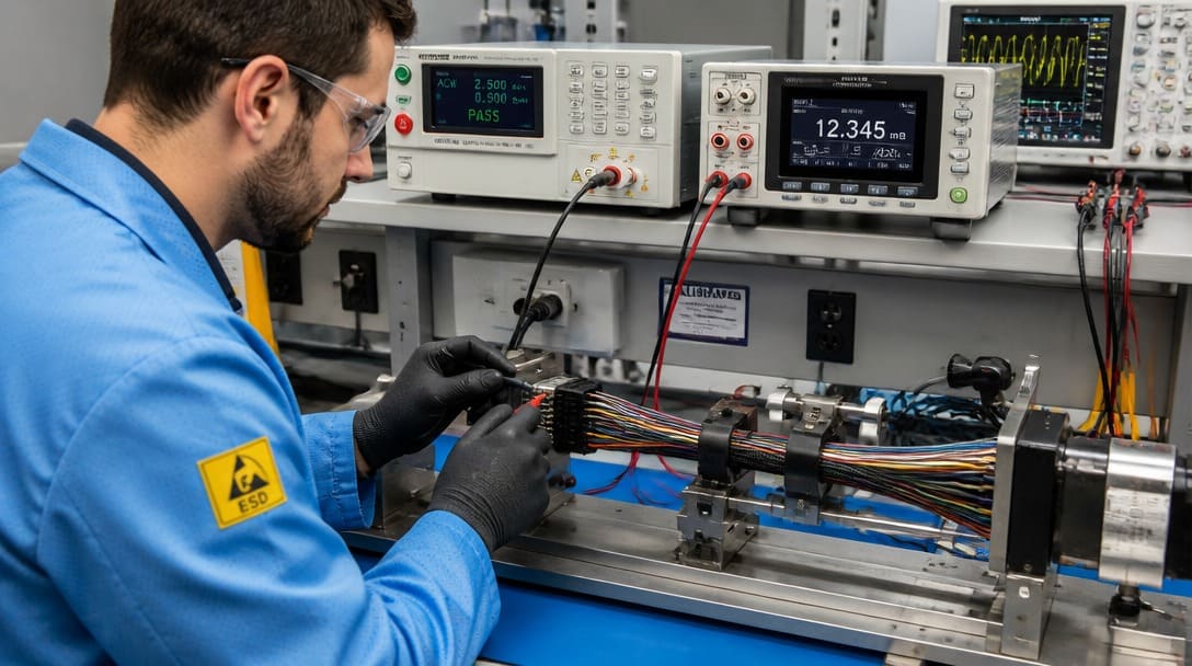 Technician performing post-flex electrical test on a robotic arm cable assembly