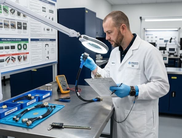 Technician reviewing quality control standards for electronics