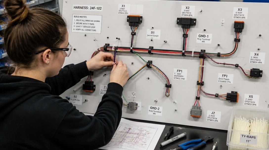 Technician routing wires on a harness board with labels and connectors