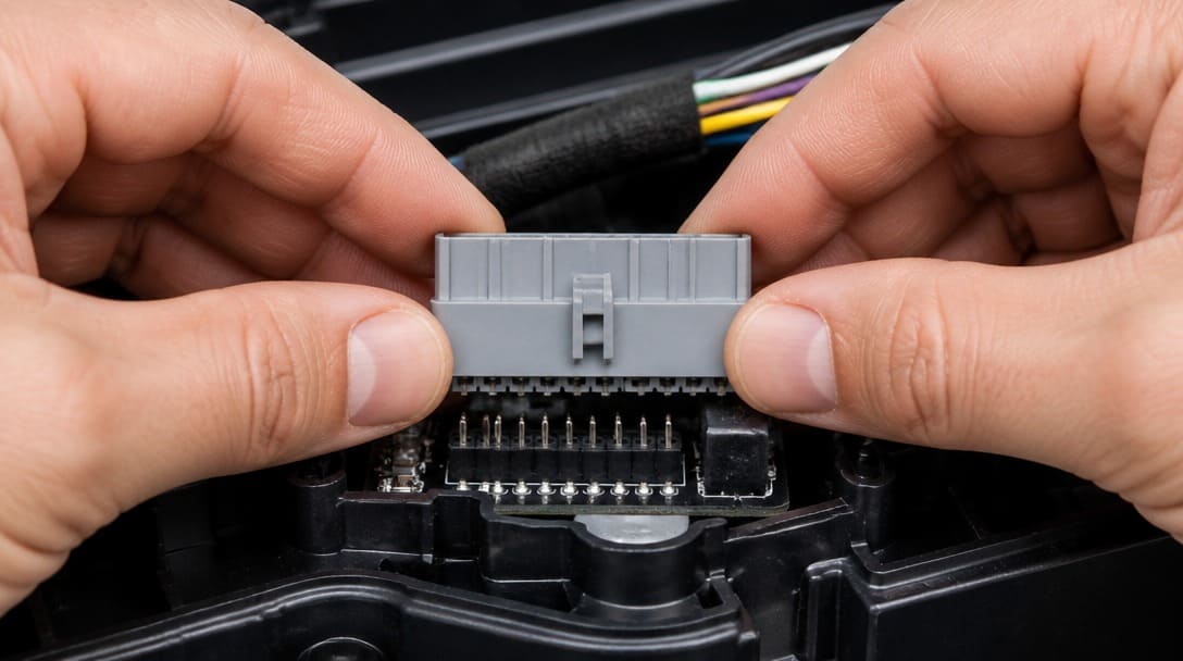 Technician test-fitting replacement connector housing onto original equipment header
