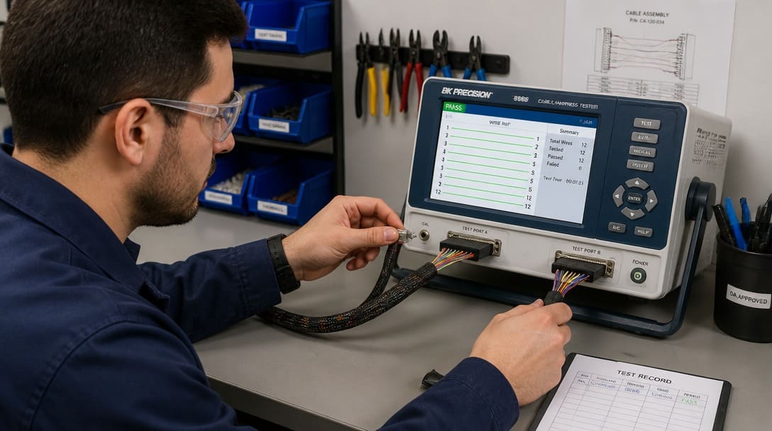 Technician verifying cable assembly continuity with a benchtop cable tester