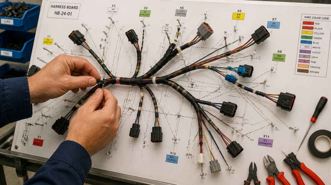Technician's hands assembling a multi-branch wiring harness on a harness board with colored wires and tools