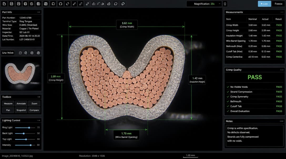 Terminal crimp cross-section analysis and micrographic inspection for IPC/WHMA-A-620 Class 3 wire harness validation