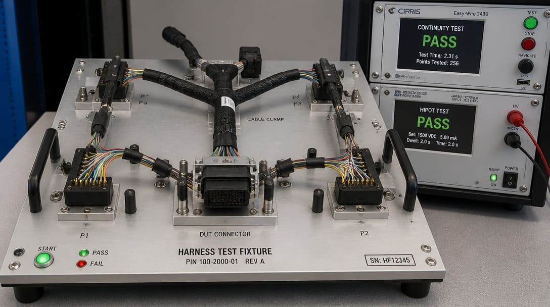 Test fixture with harness connected for automated continuity and hipot testing