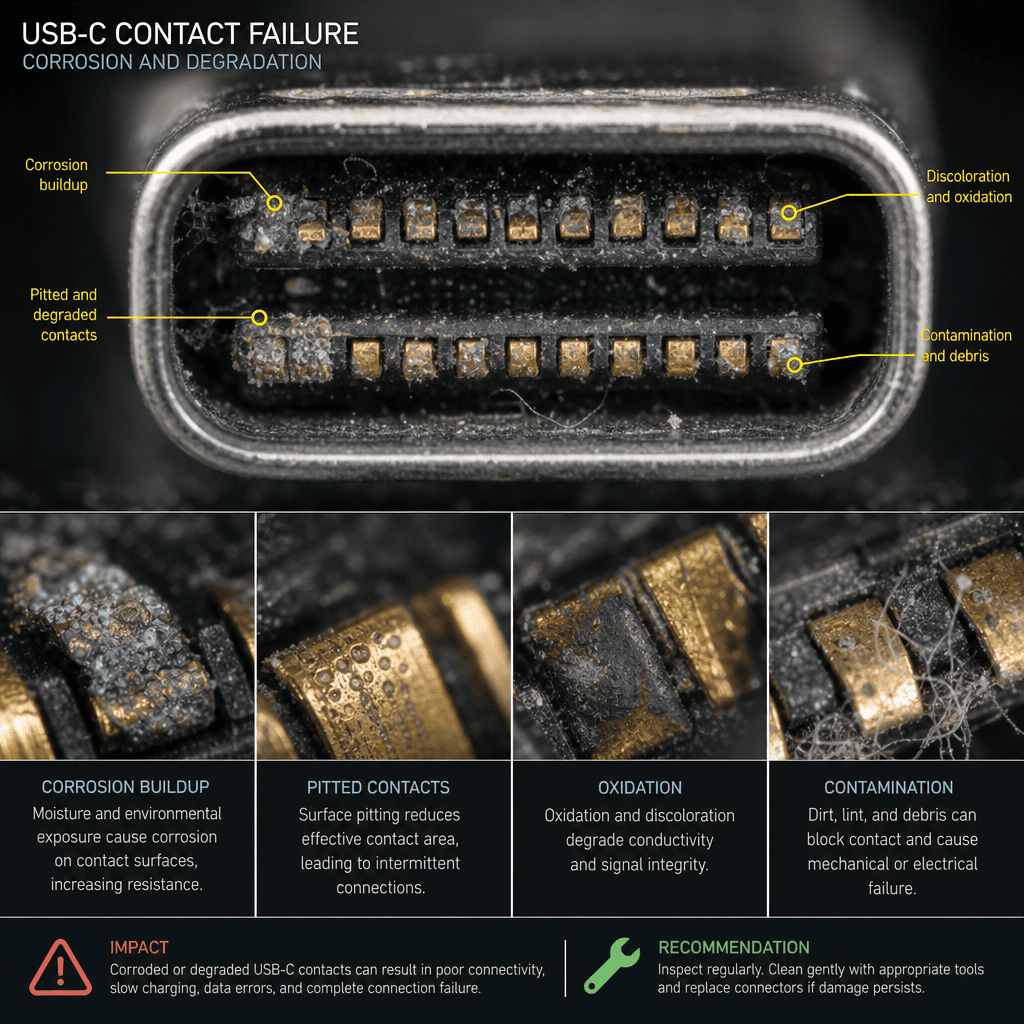 Contact corrosion and degradation in USB-C connectors USB-C contact failure close-up