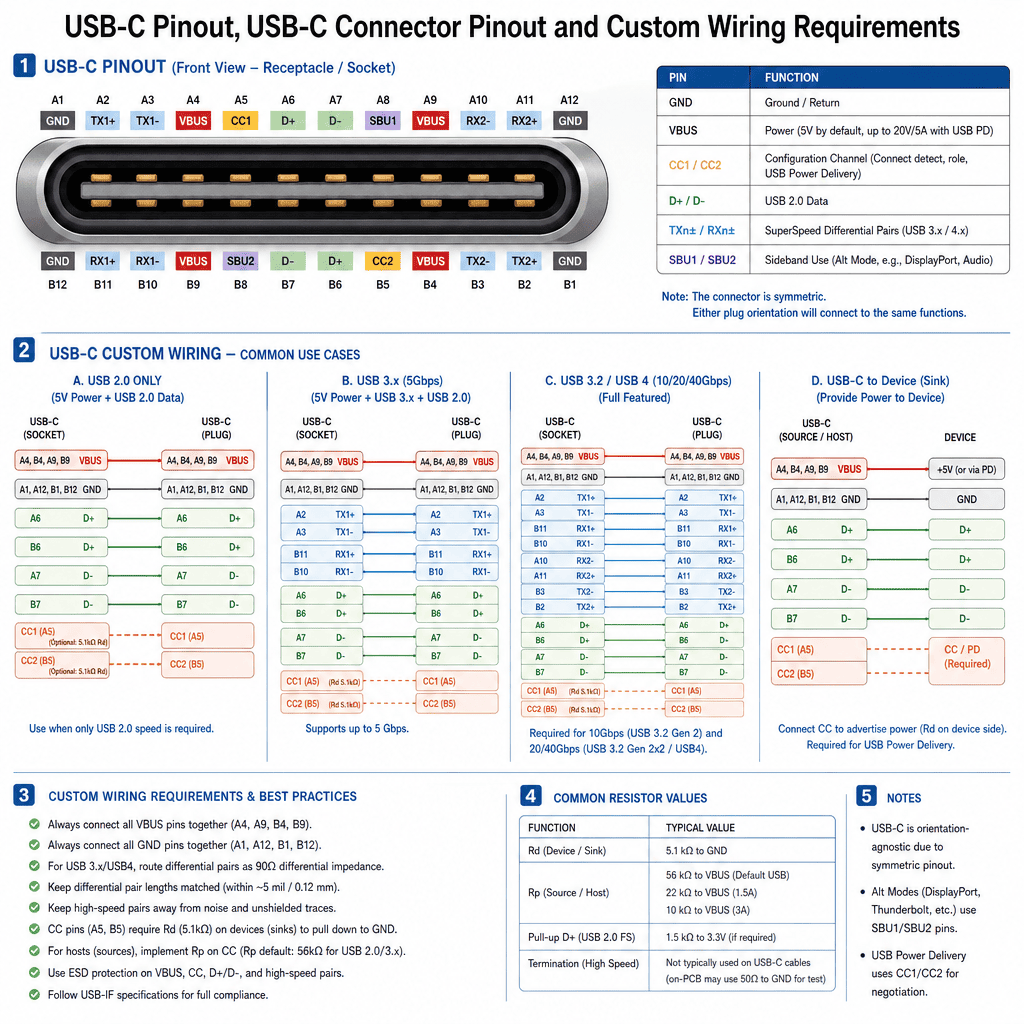 USB-C connector pinout and custom wiring requirements USB-C pinout diagram