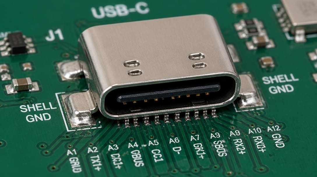 USB-C receptacle connector soldered onto a PCB showing shell ground tabs and fine-pitch signal pins