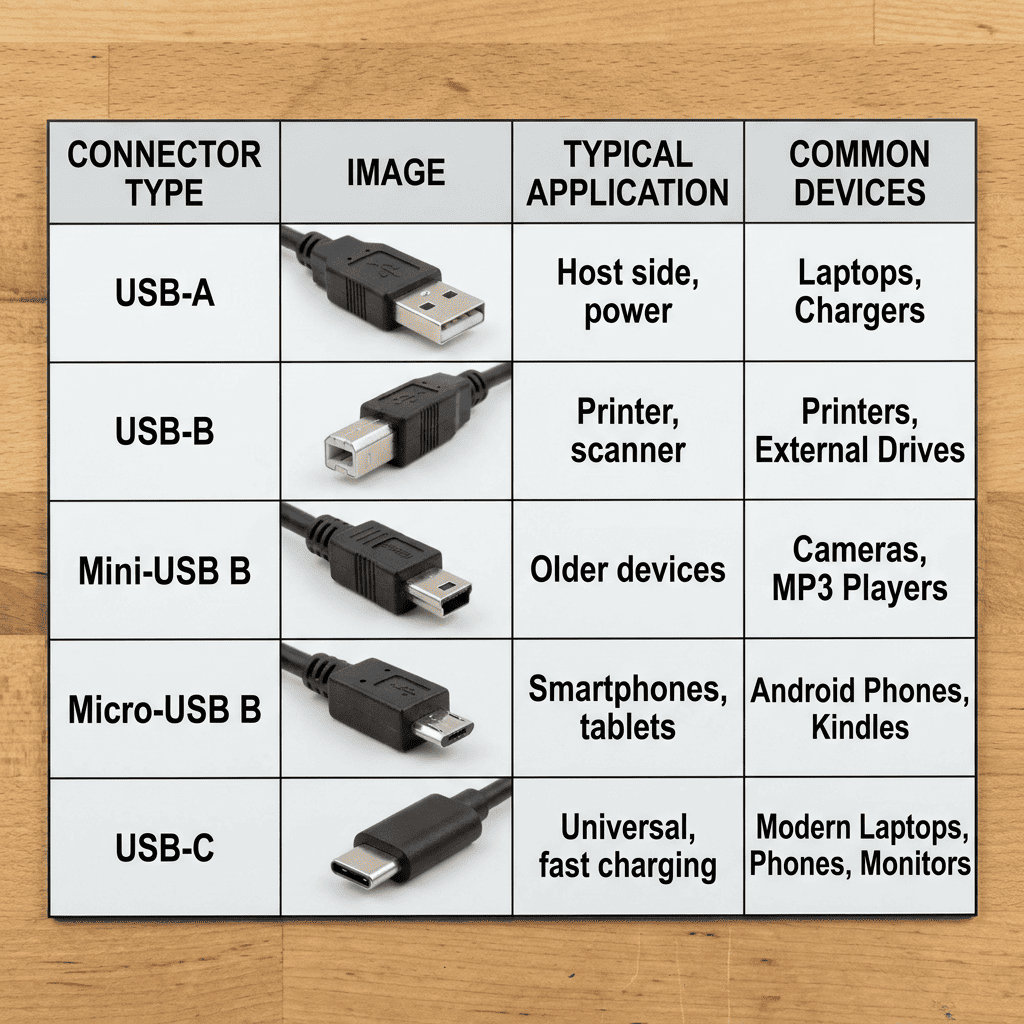 USB connector types and wire specifications USB connector types comparison