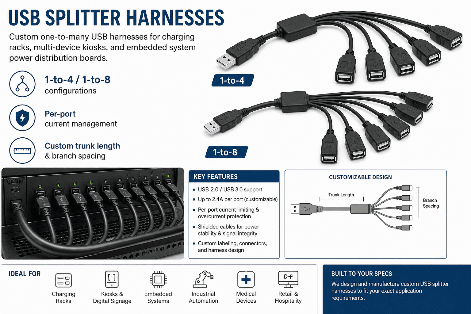 USB splitter and multi-port cable harness assembly
