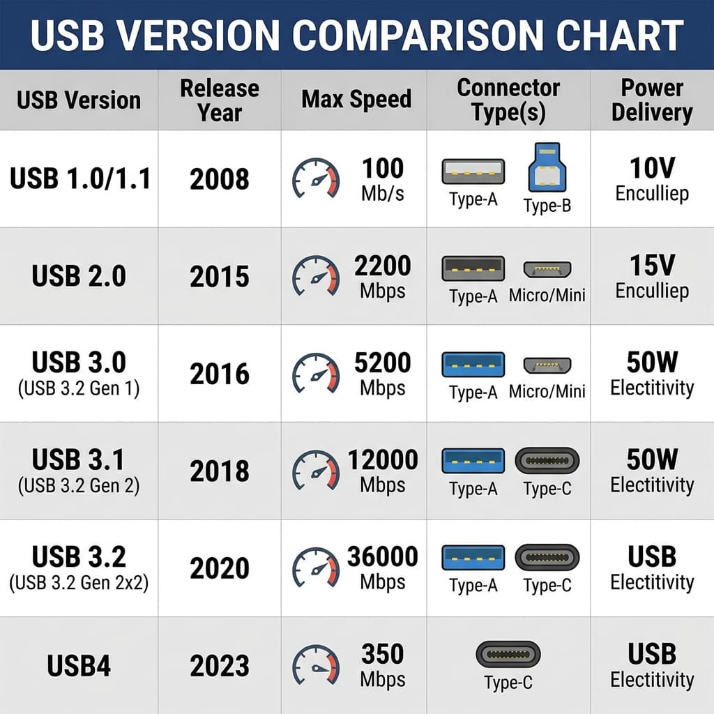 USB 2.0 vs USB 3.0 vs USB 3.1 specifications USB version comparison chart