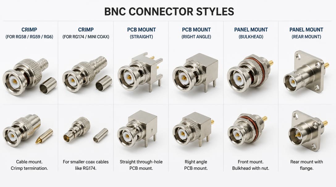 Various BNC connector styles including crimp, PCB mount, and panel mount types side by side