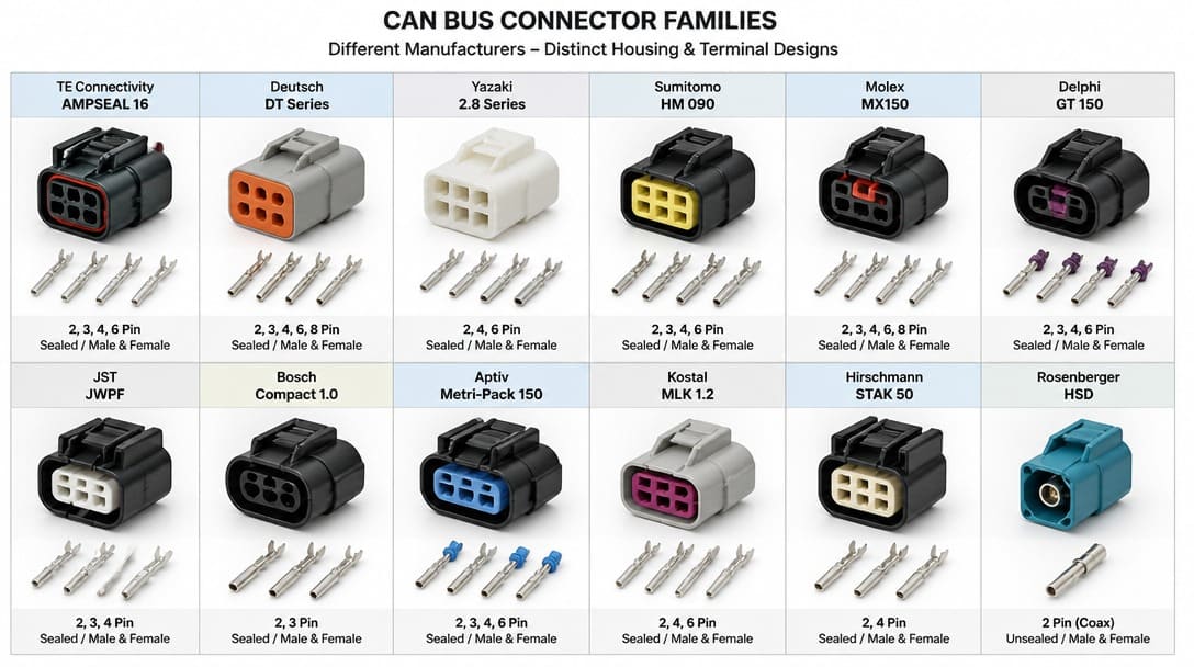 Various CAN bus connector families from different manufacturers showing distinct housing and terminal designs