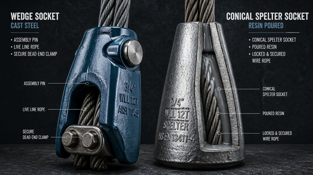 Wedge socket and spelter socket terminations on hoist cable assemblies
