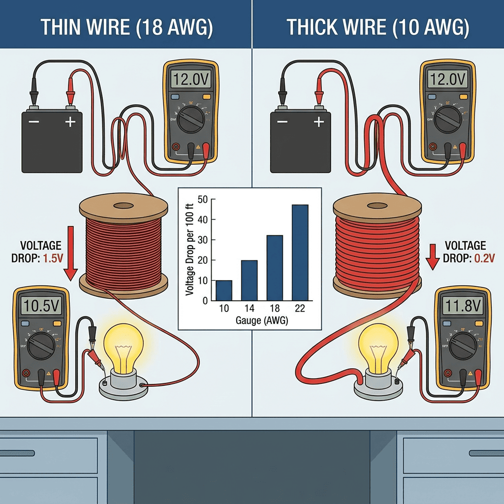 AWG wire gauge and voltage drop over cable length Wire gauge voltage drop comparison