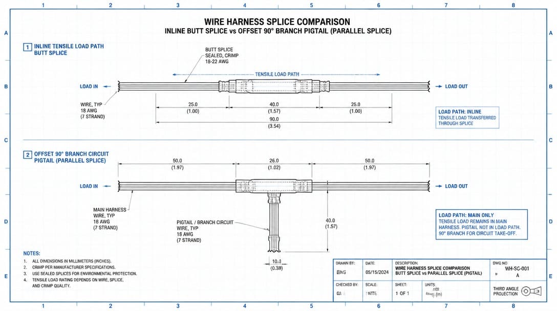 Wire harness routing drawing highlighting an inline tensile run and a branch tap point with splice location notes