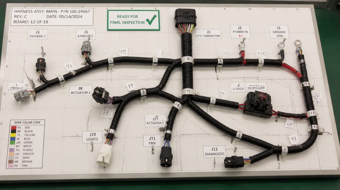 Wire harness with labels and looms ready for final inspection on production board