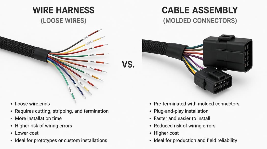 Wire harness with loose wires compared to cable assembly with molded connectors