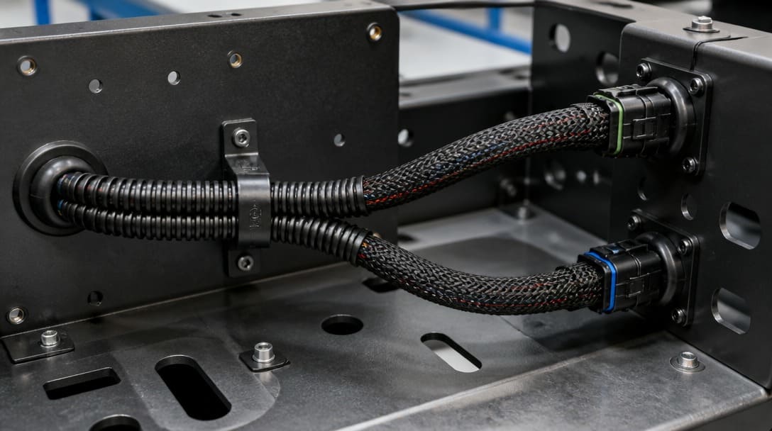 Wire harness with split conduit, braided sleeving, and strain relief grommets installed on a chassis mockup