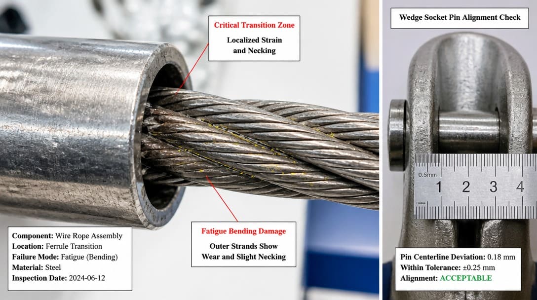 Wire rope termination showing necking at swage exit and wedge socket inspection