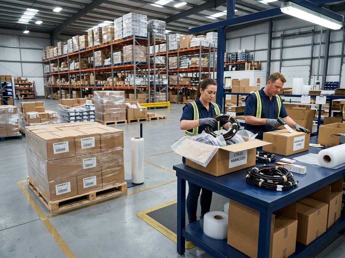 Workers carefully packing custom wire harnesses into export-grade cartons with protective materials