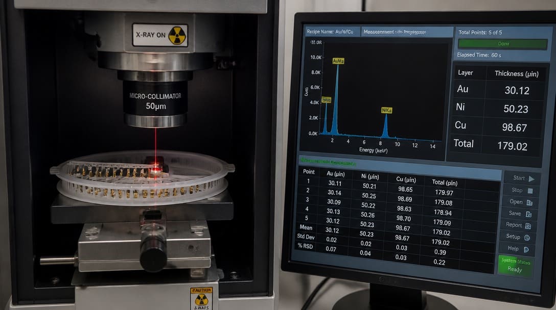 X-ray fluorescence plating thickness measurement being performed on a connector terminal strip
