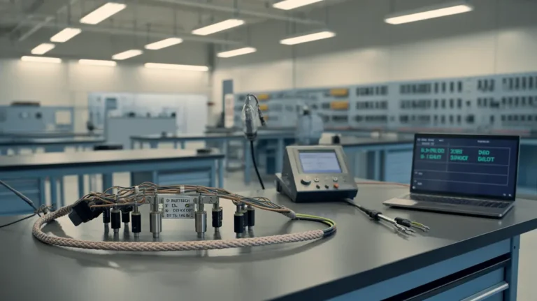 Photorealistic photograph, 16:9 widescreen, wide establishing shot of an aerospace wire harness