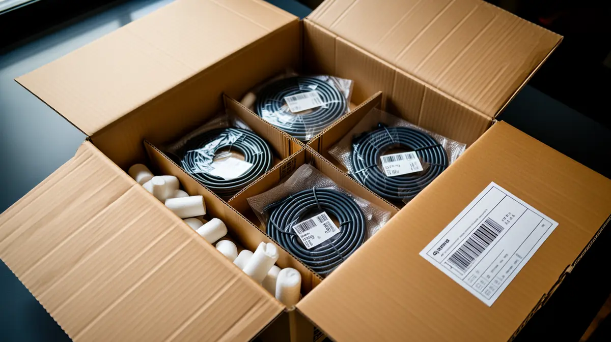 An open reinforced cardboard box containing waterproof cable assemblies