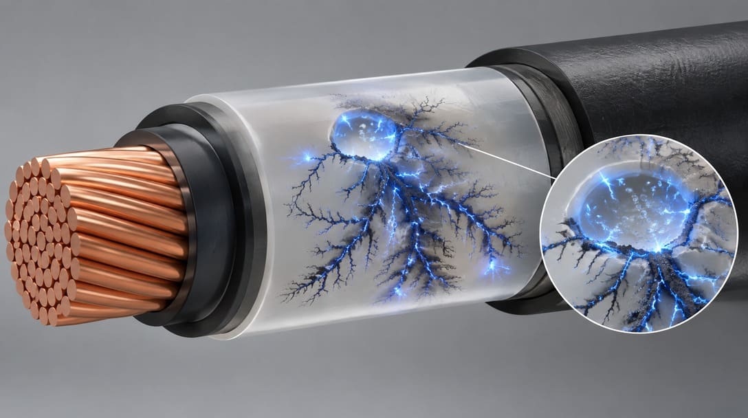 Cross-section diagram showing internal micro-void partial discharge and electrical treeing propagation in XLPE cable insulation