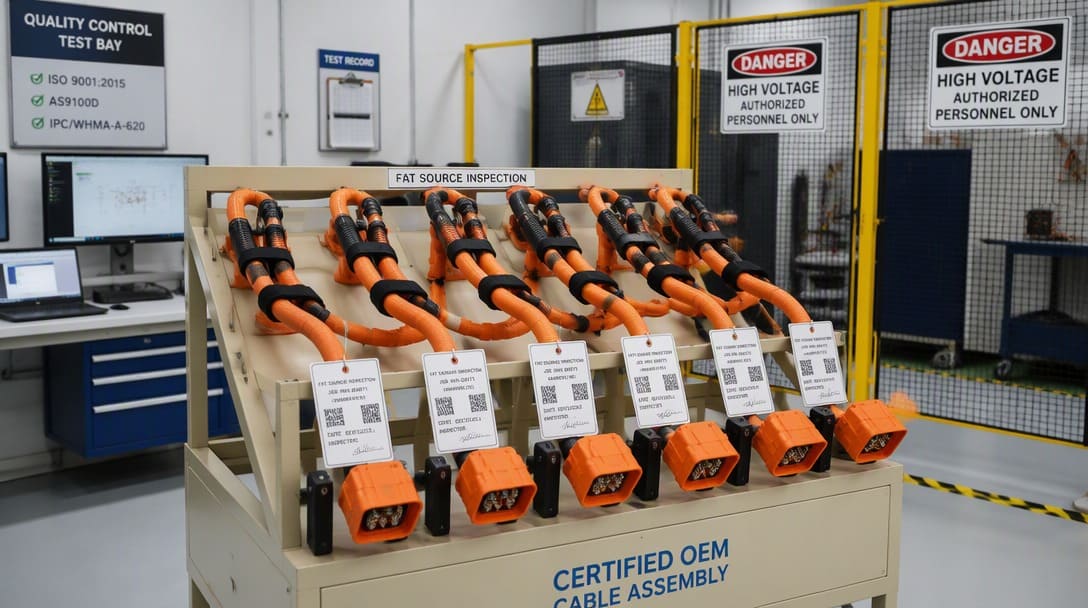 Custom high-voltage cable assembly with pre-molded terminations undergoing partial discharge factory acceptance test inspection