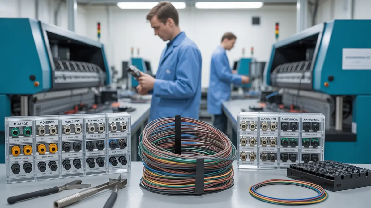 Detailed view of a complex custom wire harness assembly with multiple connectors and braided sleeving
