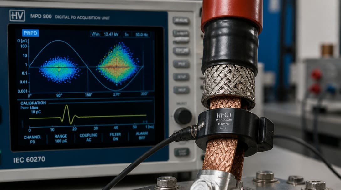 High-frequency current transformer HFCT sensor clamped to cable ground braid during IEC 60270 calibration pulse verification