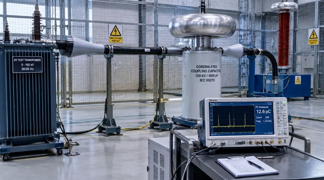 IEC 60270 partial discharge test circuit setup for medium-voltage custom cable assembly factory acceptance test