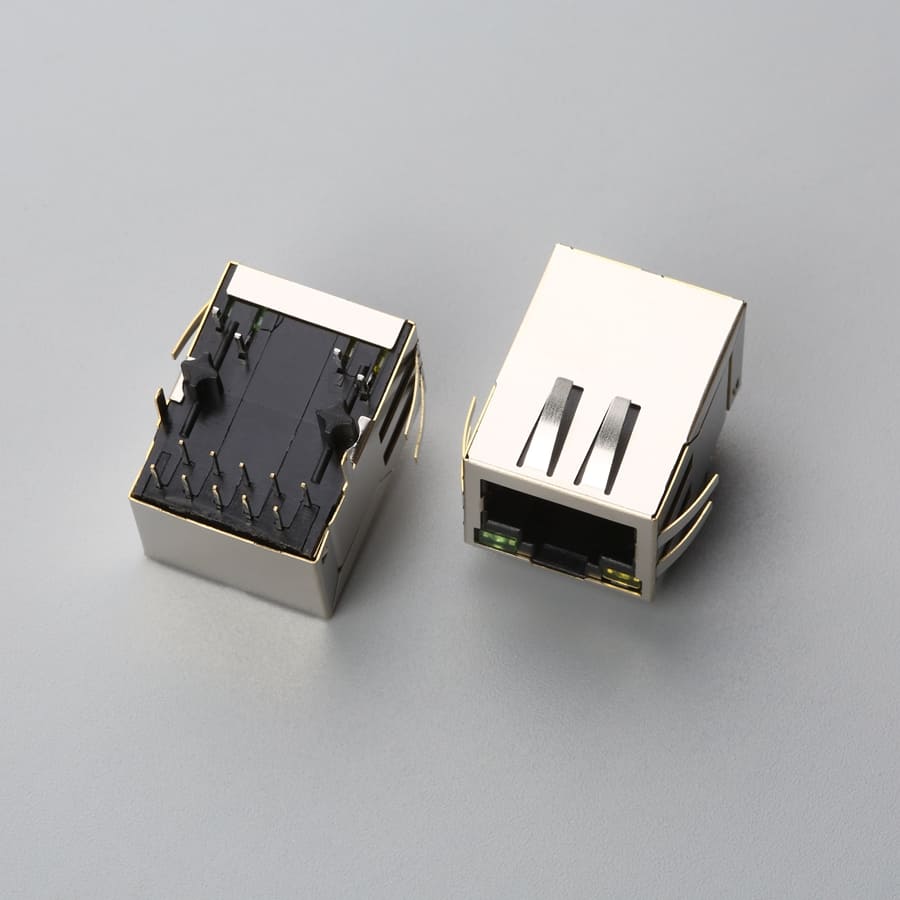 RJ45 8P8C Female Modular Jack with Transformer 1000Base-TX Right Angle DIP Tab-Down with LED | EDOM