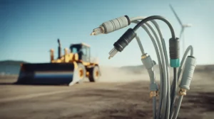 Widescreen 16:9 composition. A close-up of a waterproof wire harness featuring sealed connectors,
