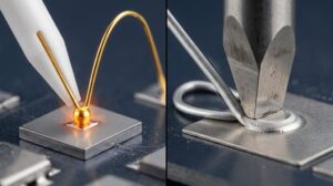 Thermosonic ball bonding with ceramic capillary tool vs ultrasonic wedge bonding with tungsten carbide wedge tool showing wire loop profiles on bond pads